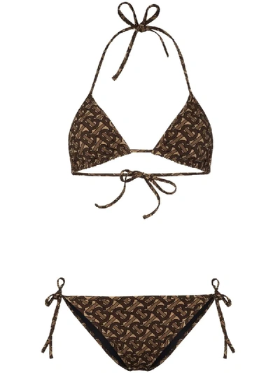 Shop Burberry Monogram-print Triangle Bikini Set In Brown