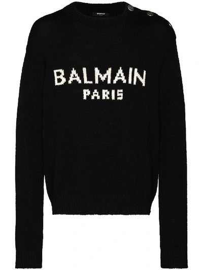 Shop Balmain Intarsia-knit Logo Jumper In Black