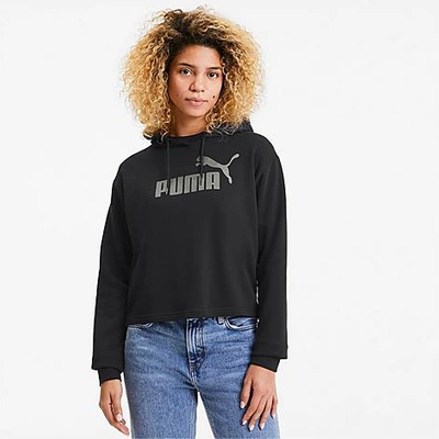 Shop Puma Women's Essential Metallic Cropped Hoodie In  Black/silver