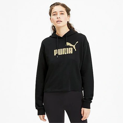 Shop Puma Women's Essential Metallic Cropped Hoodie In Black