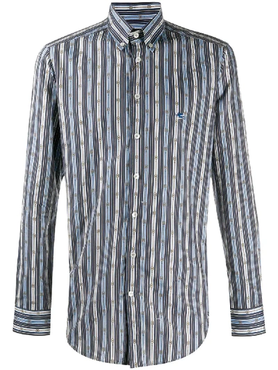 Shop Etro Striped Scarf Print Cotton Shirt In Blue