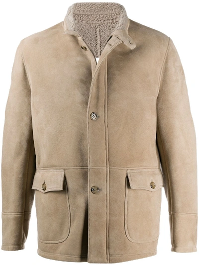 Shop Eleventy Shearing Lined Leather Jacket In Neutrals