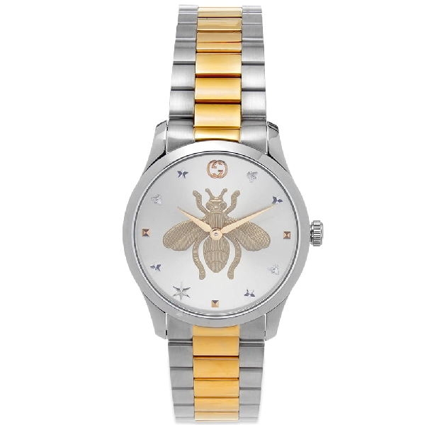 Gucci Silver And Gold G-timeless Bee Watch In Silver/gold | ModeSens