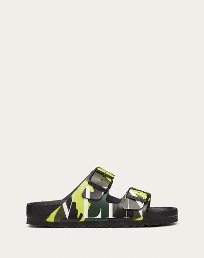 Shop Valentino Garavani Vltn Camouflage Slide Sandal Designed In Collaboration With Birkenstock In Military Green/neon Yellow