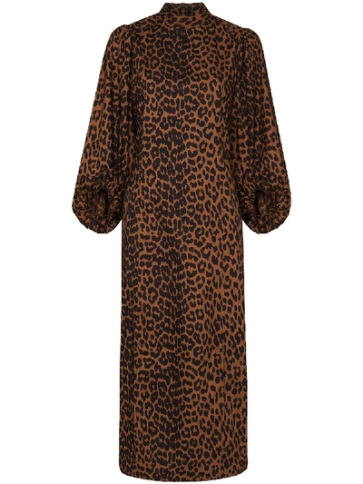 Shop Ganni Pouf-sleeve Leopard-print Dress In Brown