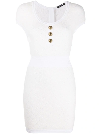 Shop Balmain Embossed-button Knitted Dress In White