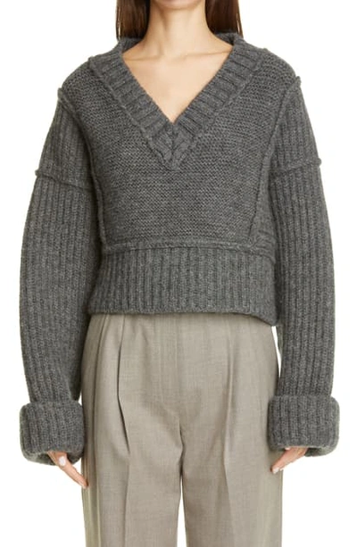 Shop Jacquemus Cavaou Wool Blend Crop Sweater In Anthracite