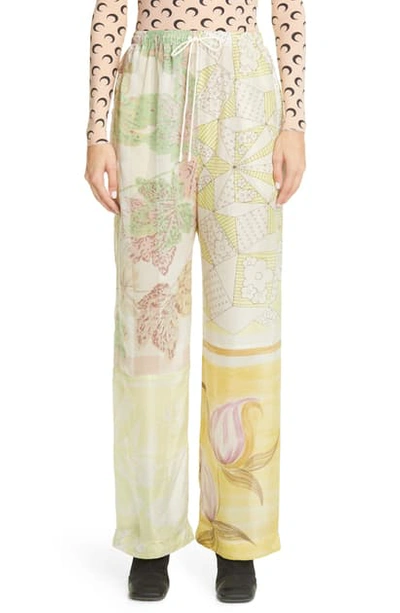 Shop Marine Serre One Of A Kind Mixed Print Silk Wide Leg Lounge Pants In Broken White With Print