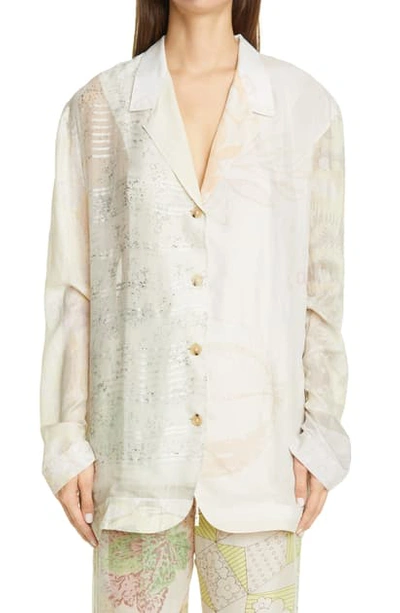 Shop Marine Serre One Of A Kind Mixed Print Silk Lounge Shirt In Broken White With Print