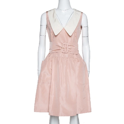 Pre-owned Prada Pale Peach Silk Faille Belted Flared Dress S In Pink