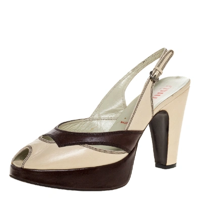 Pre-owned Miu Miu Cream/brown Leather Peep Toe Platform Slingback Sandals Size 38.5