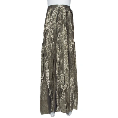 Pre-owned Oscar De La Renta Gold Lurex Silk Ruffled Maxi Skirt L