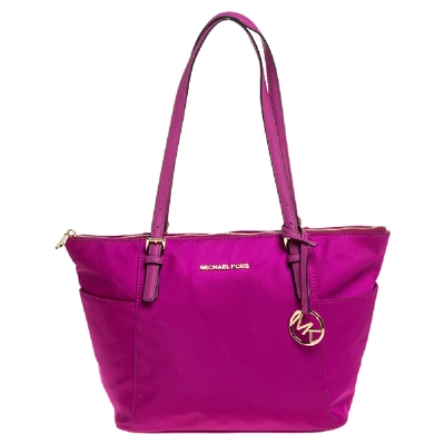 Pre-owned Michael Michael Kors Fuchsia Satin And Leather Medium Jet Set Top Zip Tote In Pink