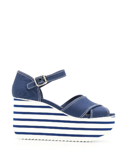 Shop Miu Miu Striped Wedge Sandals In Blue