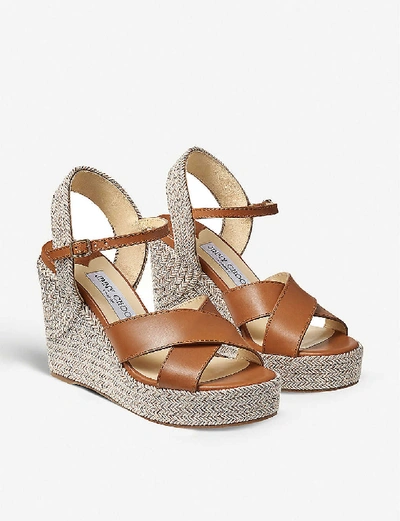 Shop Jimmy Choo Dellena 100 Leather And Cork Wedge Sandals In Cuoio/cuoio+mix