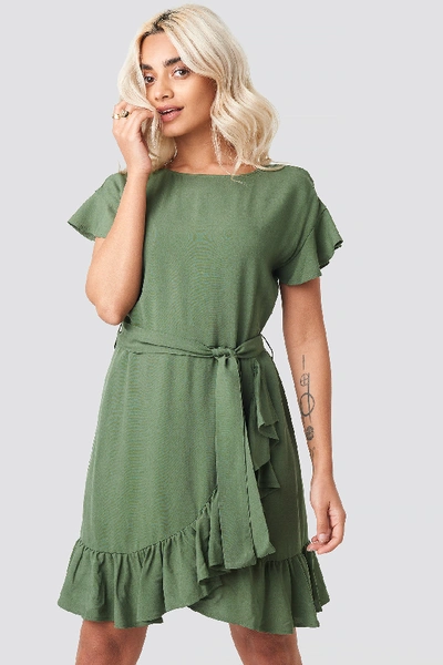 Shop Afj X Na-kd Ruffle Wrap Mini Dress - Green In Khaki