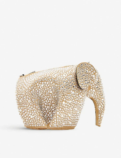 Shop Loewe Elephant Crystal-embellished Suede Cross-body Bag In Gold/crystal