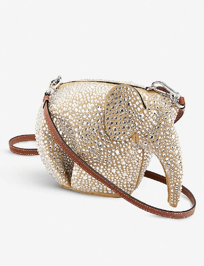 Shop Loewe Elephant Crystal-embellished Suede Cross-body Bag In Gold/crystal