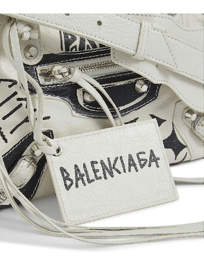 Shop Balenciaga City Mini Graffiti-print Leather Shoulder Bag In White/black