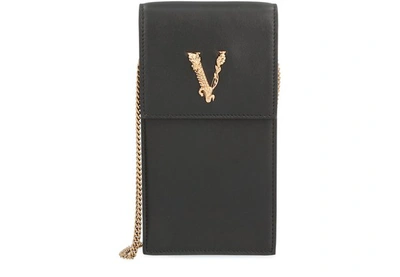 Shop Versace Virtus Leather Pouch In Nero Oro Tribute