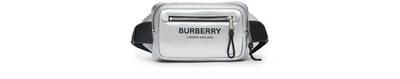 Shop Burberry Logo Metallic Coated Canvas Belt Bag In Silver
