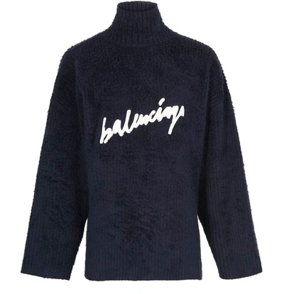 Shop Balenciaga Brushed Cotton Scribble Knit In Navy