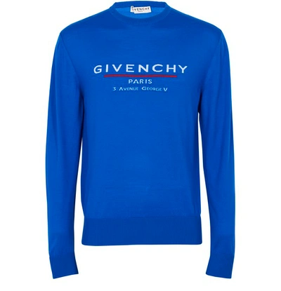 Shop Givenchy Address Logo Wool Crew Knitwear In Ocean Blue
