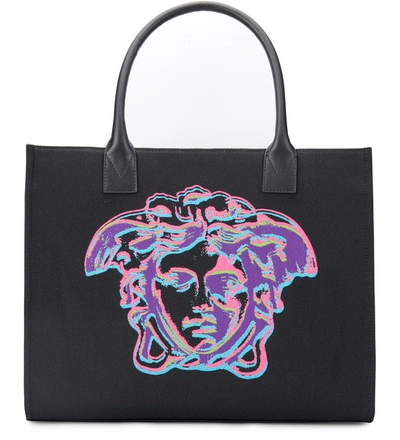 Shop Versace Medusa Jacquard And Leather Tote Bag In Nero Multicolor Oro Tribute