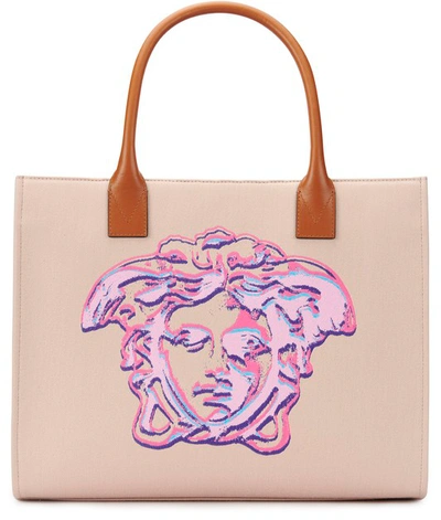 Shop Versace Medusa Jacquard And Leather Tote Bag In Oud Multicolor Oro Tibute