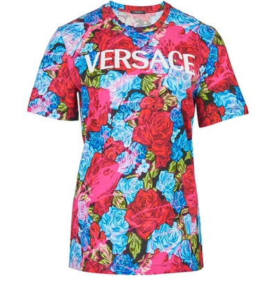 Shop Versace Floral And Logo Print T-shirt In Red Baby Blue Fuxia