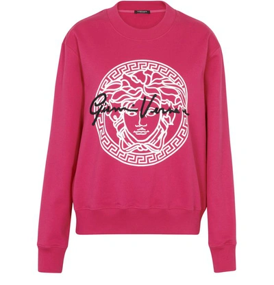 Shop Versace Logo And Signature Crew Neck Sweatshirt In Fuxia Bianco Nero