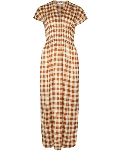 Shop Ganni Silk Stretch Dress In Toffee