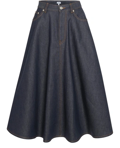 Shop Loewe Pleated Denim Skirt In Dark Denim Blue