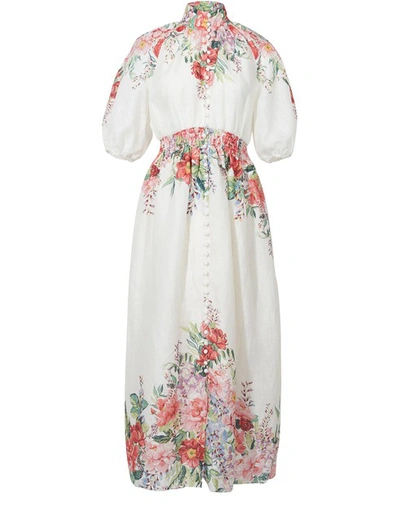 Shop Zimmermann Shirred Waist Dress In Ivory Floral