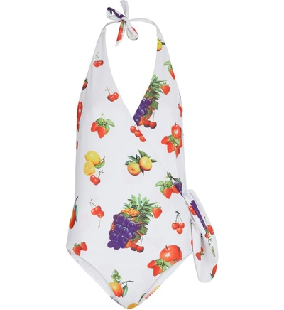 Shop Msgm One-piece Fruit-print Swimsuit In White