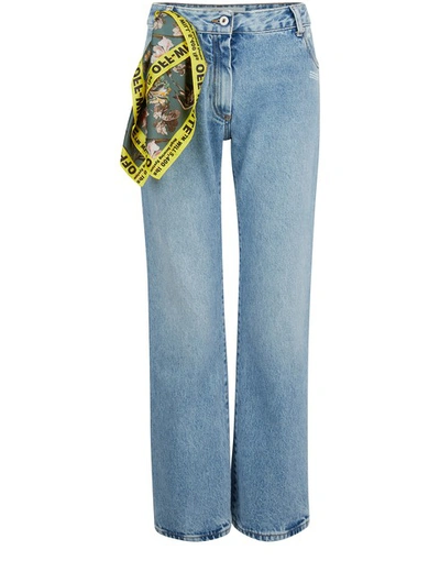 Shop Off-white Washed-out Jeans With Foulard Belt In Medium Blue
