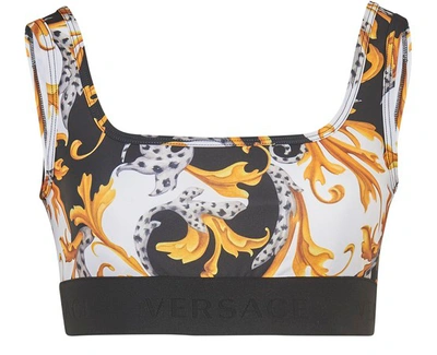 Shop Versace Barocco Bra In White Black Gold