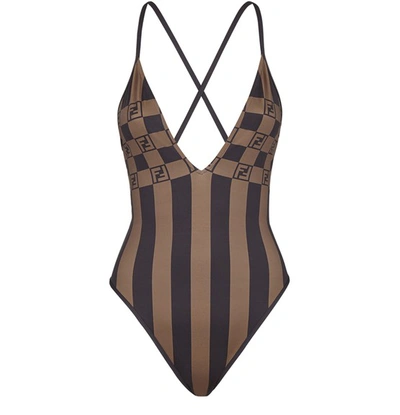 Shop Fendi Brown Lycra® Swimsuit In Marron