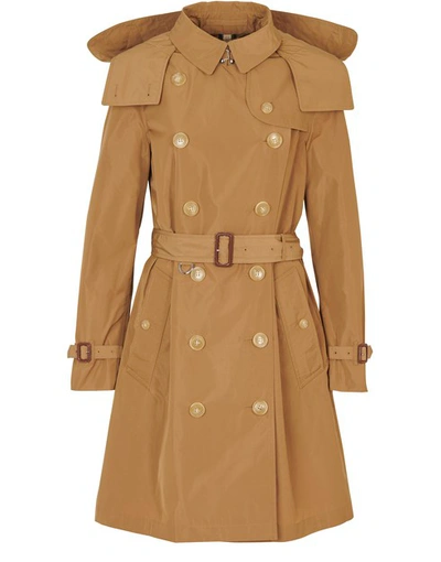 Shop Burberry Detachable Hood Taffeta Trench Coat In Camel