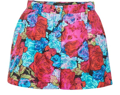 Shop Versace Flower Print Shorts In Rosso Azzurro Fuxia