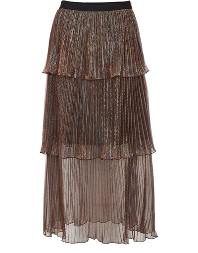 Shop Self-portrait Metallic Midi Skirt In Bronze