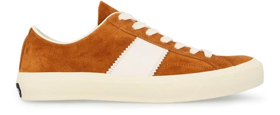 Shop Tom Ford Low Suede Sneakers In Orange Burnt