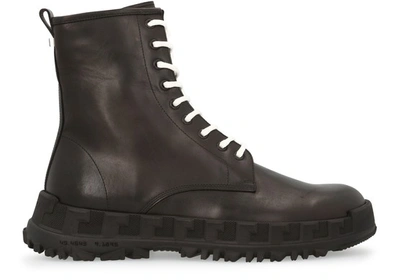 Shop Versace Lace Up High Boots In Nero Rutenio