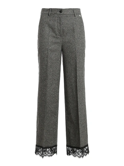 Shop Twinset Scalloped Lace Hem Trousers In Grey