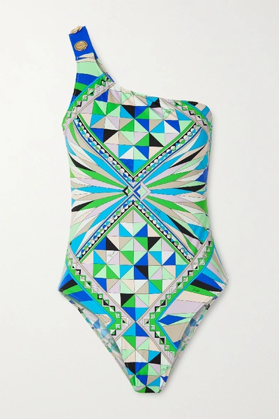 Shop Emilio Pucci One-shoulder Button-embellished Printed Swimsuit In Green