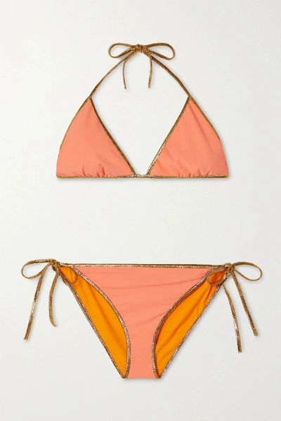 Shop Tooshie Hampton Metallic-trimmed Reversible Bikini In Saffron