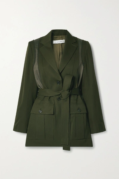 Shop Jw Anderson Belted Patchwork Wool And Twill Jacket In Dark Green