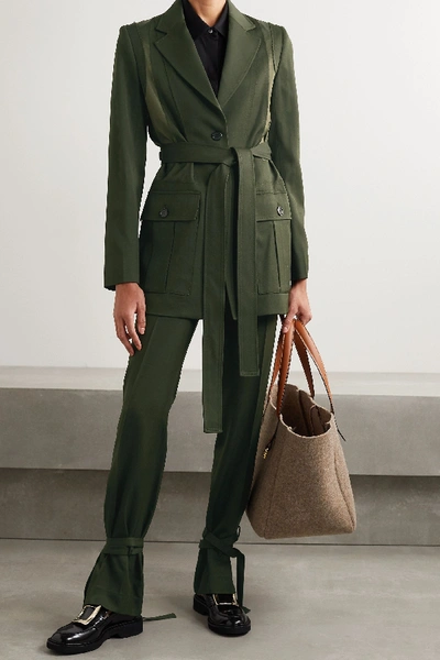 Shop Jw Anderson Belted Patchwork Wool And Twill Jacket In Dark Green