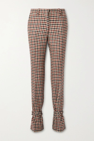 Shop Jw Anderson Bow-embellished Checked Wool Straight-leg Pants In Red