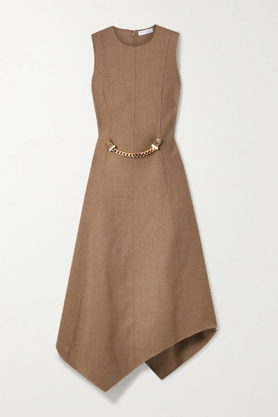 Shop Jw Anderson Asymmetric Chain-embellished Wool-blend Drill Dress In Tan